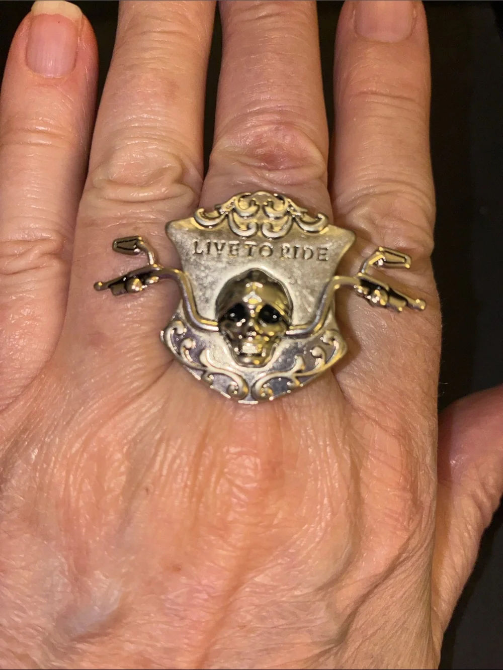 Live to Ride Skull Stretch Ring - Two-Tone Gold and Silver